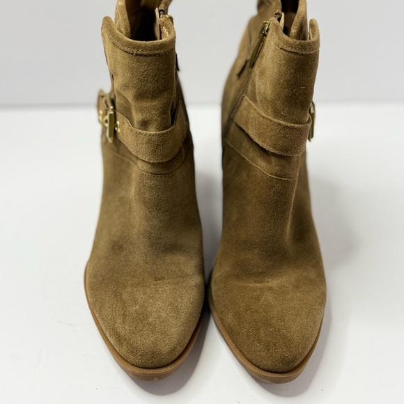 Franco Sarto Tan Suede Chunky Ankle Boots w/ Strap and Buckle  Size 8.5 - Picture 1 of 7